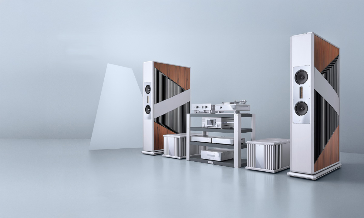 Luxury living room with hi-fi speakers and Dubai skyline